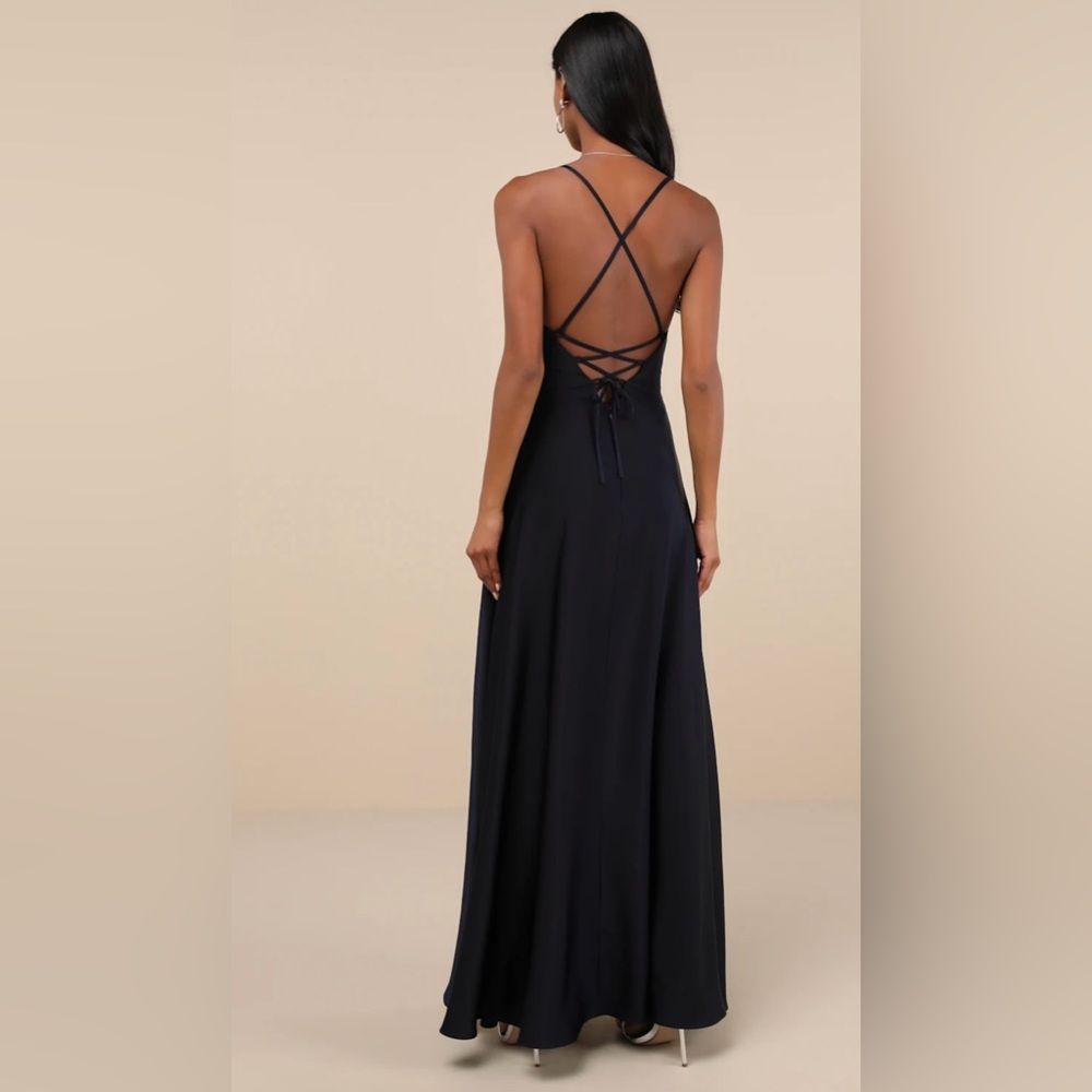 Lulus Stylish Grace Navy Blue Lace Up Ruffled Backless Maxi Formal Dress S, NEW - Picture 13 of 14